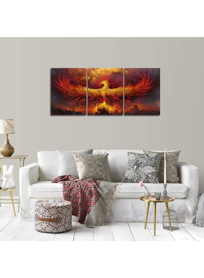 Yetaryy Fire Phoenix Wall Art Prints Volcanic Burning Phoenix Birds Canvas Picture Posters Prints Artwork 3 Piece Home Office Living Room Bedroom Decor Framed Ready to Hang - 36" W x 16" H - Image 2
