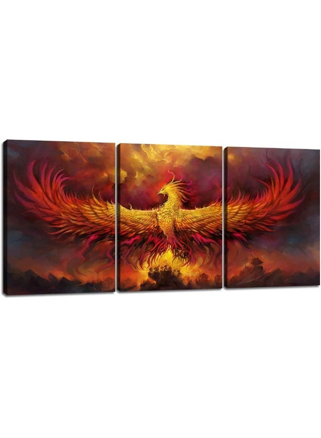 Yetaryy Fire Phoenix Wall Art Prints Volcanic Burning Phoenix Birds Canvas Picture Posters Prints Artwork 3 Piece Home Office Living Room Bedroom Decor Framed Ready to Hang - 36" W x 16" H - Image 1