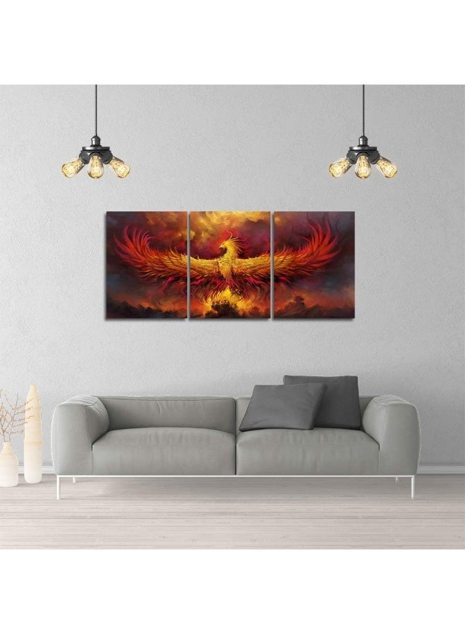 Yetaryy Fire Phoenix Wall Art Prints Volcanic Burning Phoenix Birds Canvas Picture Posters Prints Artwork 3 Piece Home Office Living Room Bedroom Decor Framed Ready to Hang - 36" W x 16" H - Image 4