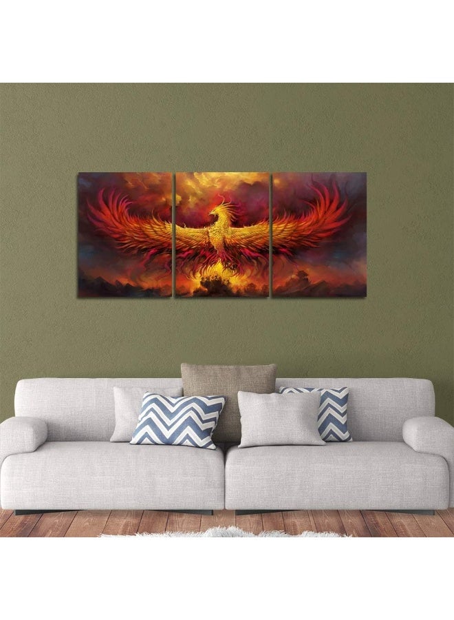 Yetaryy Fire Phoenix Wall Art Prints Volcanic Burning Phoenix Birds Canvas Picture Posters Prints Artwork 3 Piece Home Office Living Room Bedroom Decor Framed Ready to Hang - 36" W x 16" H - Image 3