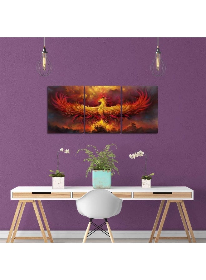 Yetaryy Fire Phoenix Wall Art Prints Volcanic Burning Phoenix Birds Canvas Picture Posters Prints Artwork 3 Piece Home Office Living Room Bedroom Decor Framed Ready to Hang - 36" W x 16" H - Image 5