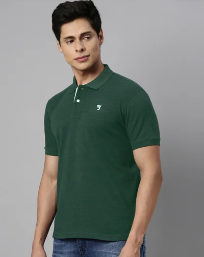 Joven Men Bottle Green Solid Polo Collar Pure Cotton T-Shirt