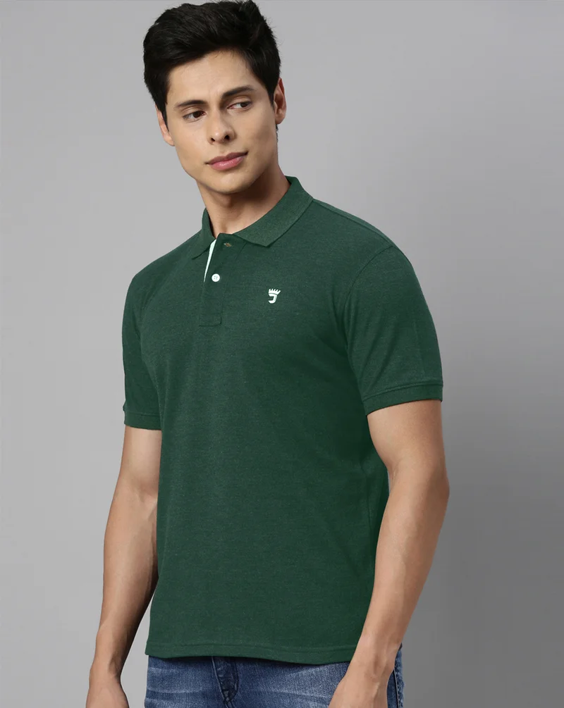 Joven Men Bottle Green Solid Polo Collar Pure Cotton T-Shirt