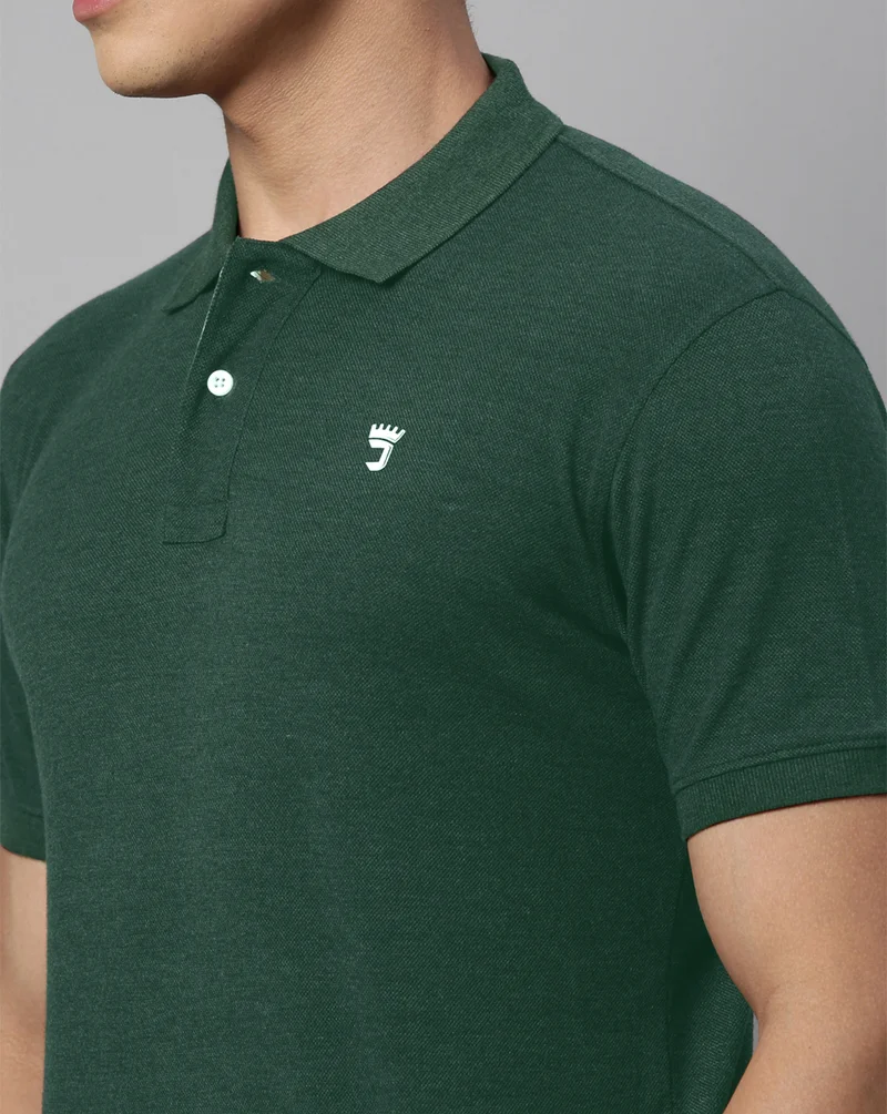 Joven Men Bottle Green Solid Polo Collar Pure Cotton T-Shirt