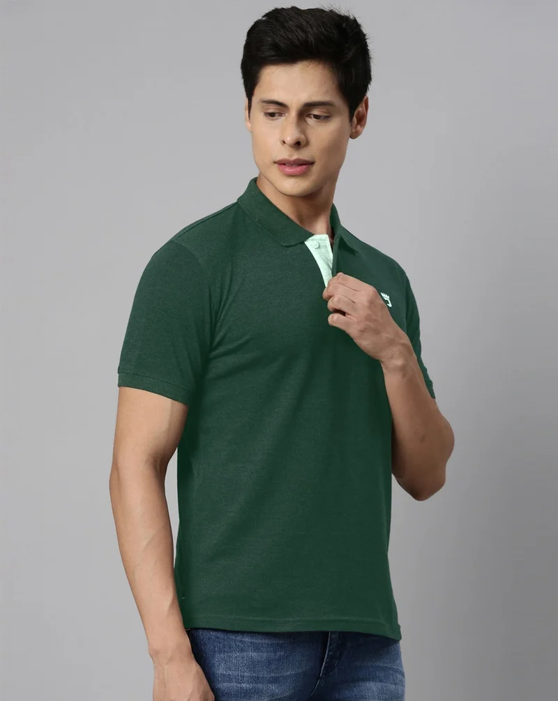 Joven Men Bottle Green Solid Polo Collar Pure Cotton T-Shirt