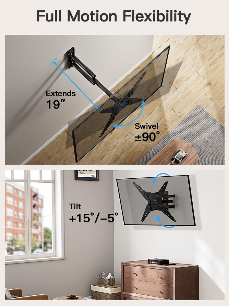 PERLESMITH Full Motion TV Wall Mount for 27-60 Inch Flat & Curved TVs, Single Stud TV Mount with Articulating Swivel Tilt - Wall Mount TV Bracket VESA 400x400mm up to 77 lbs, Perfect Center Design - Image 5