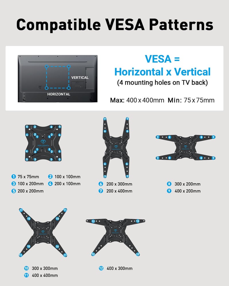 PERLESMITH Full Motion TV Wall Mount for 27-60 Inch Flat & Curved TVs, Single Stud TV Mount with Articulating Swivel Tilt - Wall Mount TV Bracket VESA 400x400mm up to 77 lbs, Perfect Center Design - Image 3
