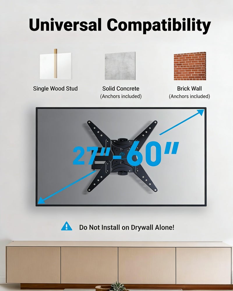 PERLESMITH Full Motion TV Wall Mount for 27-60 Inch Flat & Curved TVs, Single Stud TV Mount with Articulating Swivel Tilt - Wall Mount TV Bracket VESA 400x400mm up to 77 lbs, Perfect Center Design - Image 2