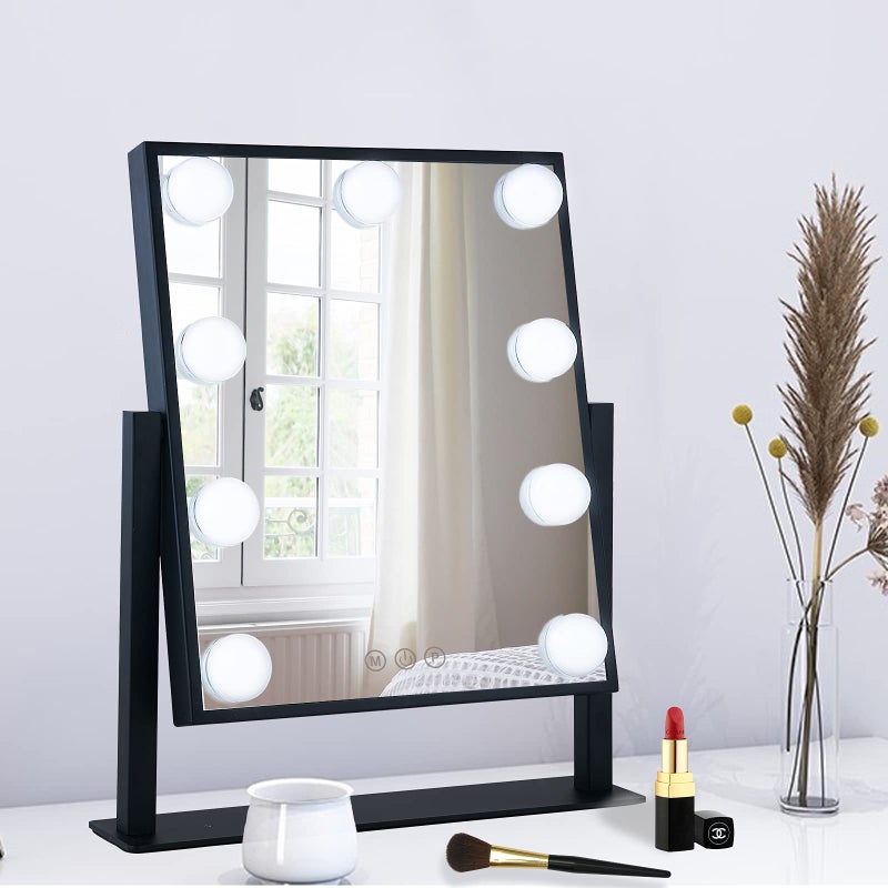 BWLLNI Lighted Makeup Mirror Hollywood Mirror Vanity Mirror with Lights Touch Control Design 3 Colors Dimable LED Bulbs Detachable 10X Magnification 360Rotation Black