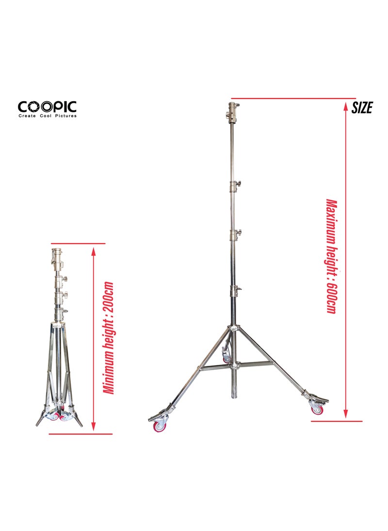 Coopic COOPIC L-5900 Wheeled Roller Heavy Duty Stainless Steel Light Stand with Adjustable Height maximum up to 600cm and Detachable Wheels used for Soft box, Moonlight and Other Photographic Equipment  - Image 2