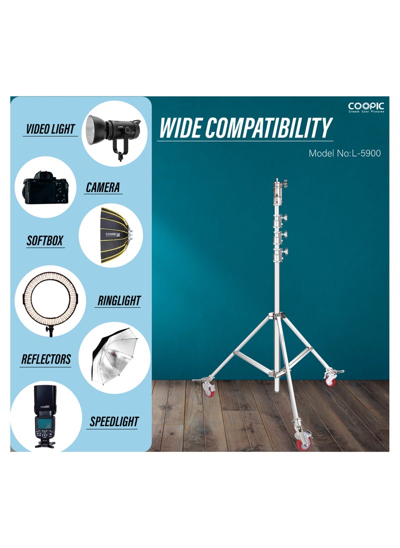 Coopic COOPIC L-5900 Wheeled Roller Heavy Duty Stainless Steel Light Stand with Adjustable Height maximum up to 600cm and Detachable Wheels used for Soft box, Moonlight and Other Photographic Equipment  - Image 4