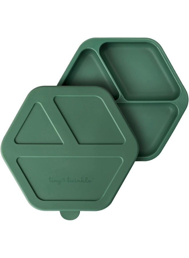 Tiny Twinkle Silicone Suction Baby Plate, Suction Grip Divided Dish for First Foods and Self-Feeding Toddlers, Baby Led Weaning Supplies for Independent Eating (Olive Plate with Lid) - Image 1
