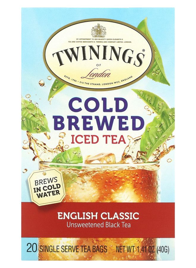 Cold Brewed Iced Tea Black Tea Unsweetened English Classic 20 Single Serve Tea Bags 1.41 oz (40 g)