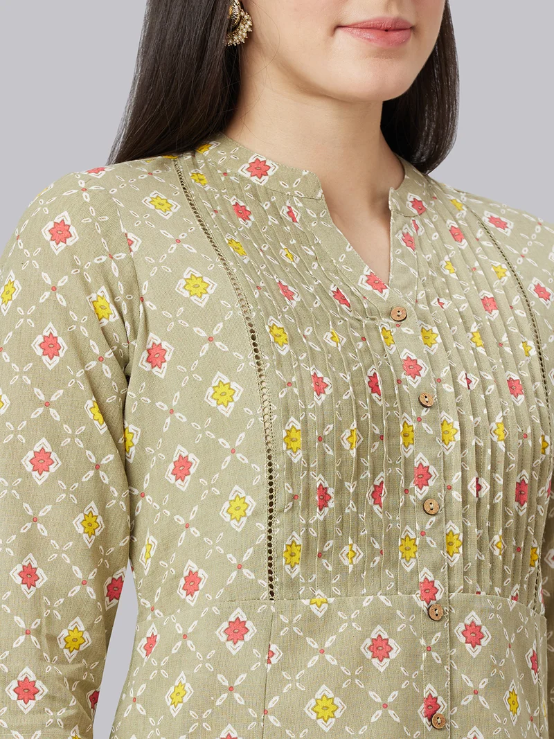 globus Globus Women Band Collar Panelled Ethnic Motifs Printed A-Line Kurta