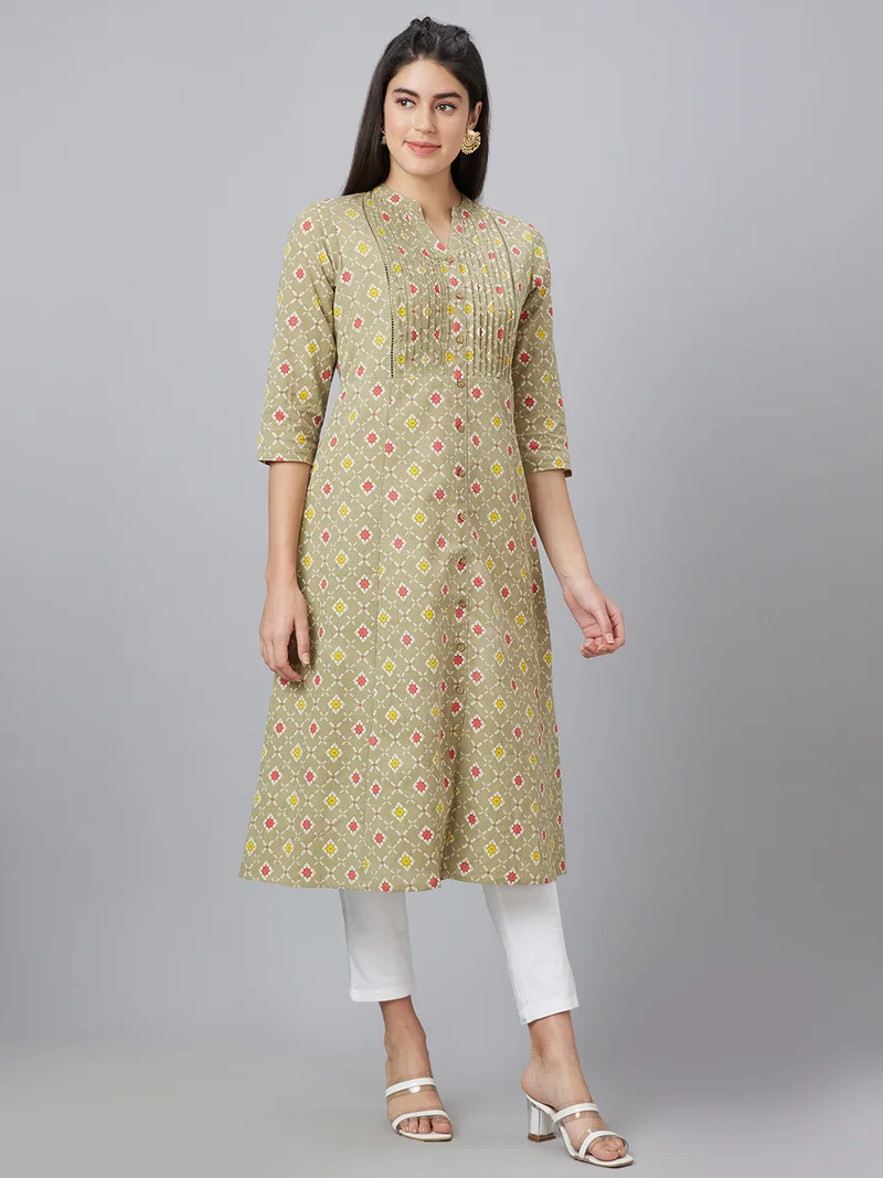 globus Globus Women Band Collar Panelled Ethnic Motifs Printed A-Line Kurta
