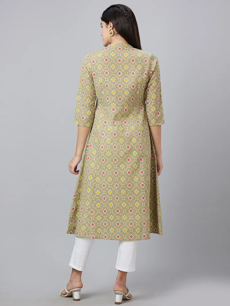 globus Globus Women Band Collar Panelled Ethnic Motifs Printed A-Line Kurta