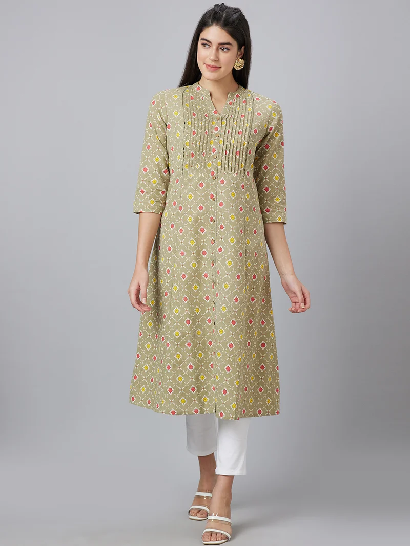 globus Globus Women Band Collar Panelled Ethnic Motifs Printed A-Line Kurta