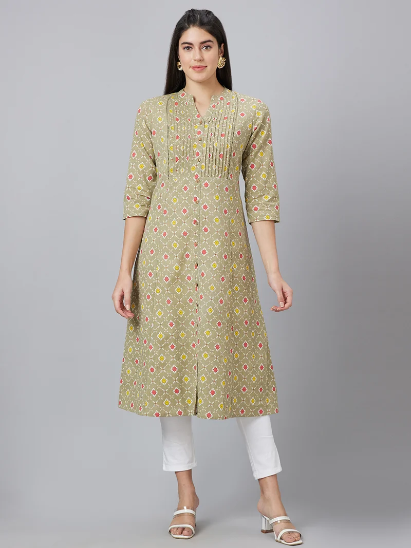 globus Globus Women Band Collar Panelled Ethnic Motifs Printed A-Line Kurta