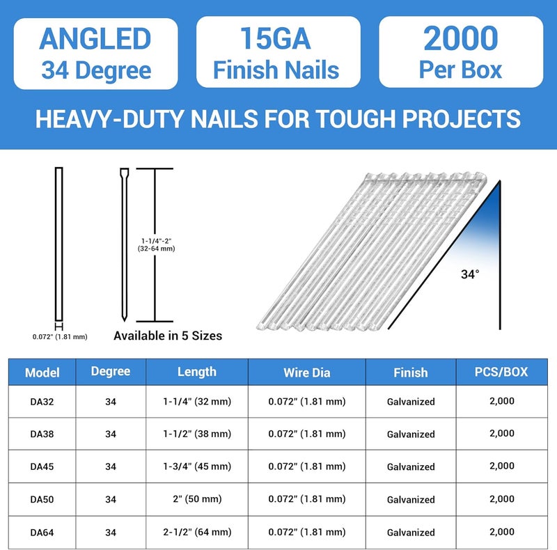 Meite 15 Gauge Angled Finish Nails, 1-1/2-Inch 34 Degree DA Series Galvanized Finishing Nails for Nailer Guns - Perfect for Window Trim, Cabinet Building and Other DIY Projects (2,000 Counts) - Image 2