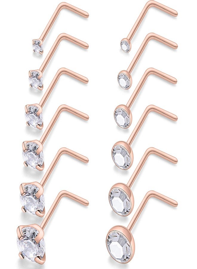 SCERRING 12PCS 22G Stainless Steel Nose L Shaped Rings Studs Nostril Ring Bend Piercing Jewelry 1.5mm 2mm 2.5mm 3mm 3.5mm 4mm Clear Cubic Zirconia Rose Gold - Image 1