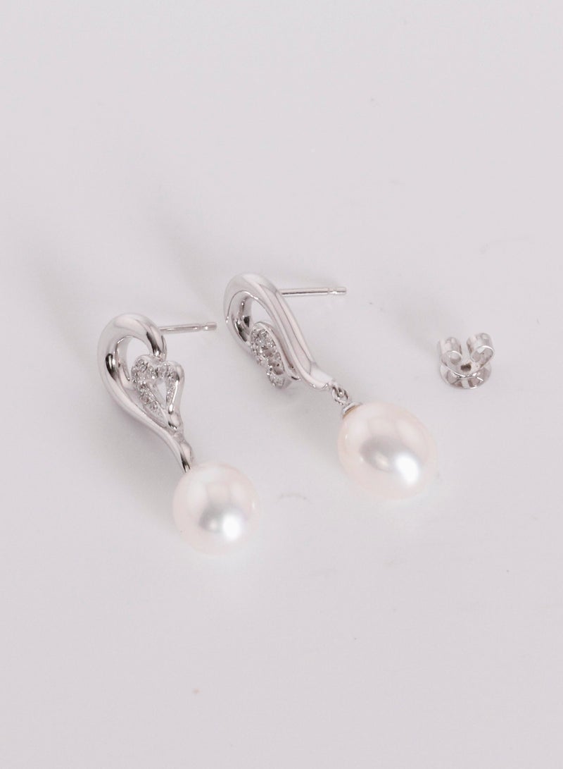 MIKURA Earrings, Freshwater Pearls, A Quality, White Color, 8.0-7.5MM, 16D-0.10Cts, 18KW  - Image 1