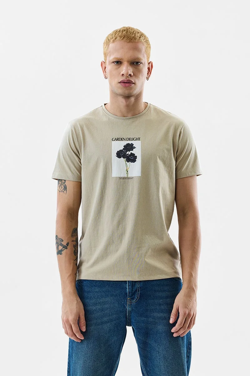 سنيتش Beige Graphic Half Sleeve Slim Fit T-Shirt