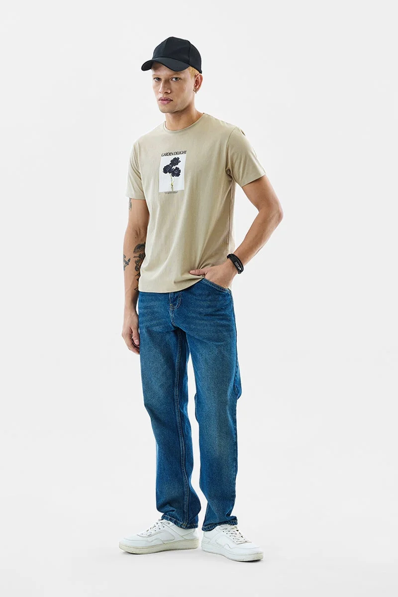 سنيتش Beige Graphic Half Sleeve Slim Fit T-Shirt
