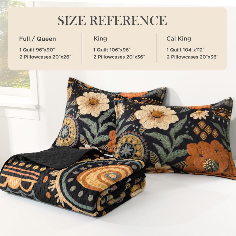 Andency Floral Boho California King Quilt Bedding Set Brown Black, 3 Pieces Farmhouse Flower Botanical Summer Bedspreads with 2 Shams, Soft Reversible Lightweight Microfiber Coverlet Set, 104"x112" - Image 5