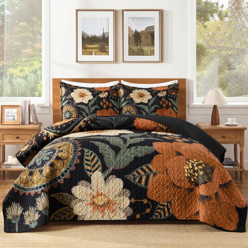 Andency Floral Boho California King Quilt Bedding Set Brown Black, 3 Pieces Farmhouse Flower Botanical Summer Bedspreads with 2 Shams, Soft Reversible Lightweight Microfiber Coverlet Set, 104"x112" - Image 1