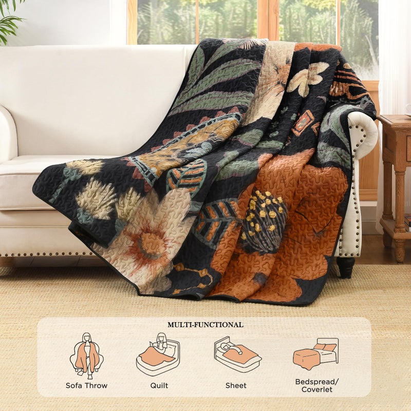 Andency Floral Boho California King Quilt Bedding Set Brown Black, 3 Pieces Farmhouse Flower Botanical Summer Bedspreads with 2 Shams, Soft Reversible Lightweight Microfiber Coverlet Set, 104"x112" - Image 4