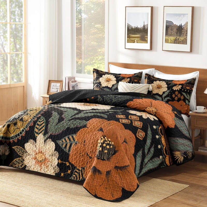 Andency Floral Boho California King Quilt Bedding Set Brown Black, 3 Pieces Farmhouse Flower Botanical Summer Bedspreads with 2 Shams, Soft Reversible Lightweight Microfiber Coverlet Set, 104"x112" - Image 2