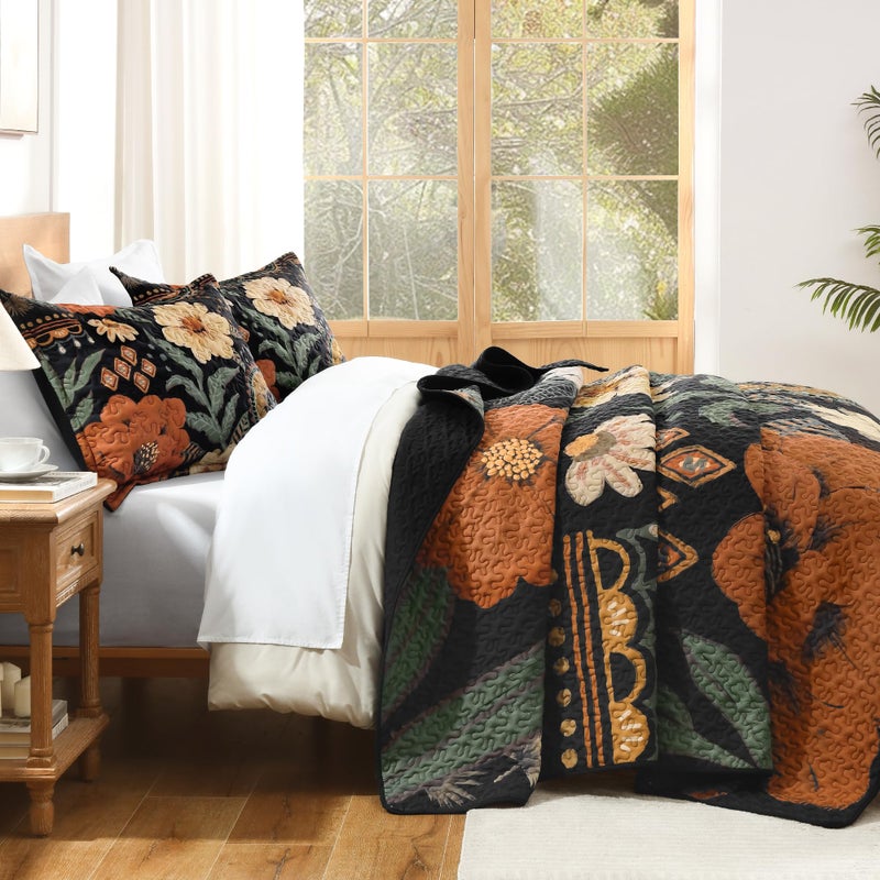 Andency Floral Boho California King Quilt Bedding Set Brown Black, 3 Pieces Farmhouse Flower Botanical Summer Bedspreads with 2 Shams, Soft Reversible Lightweight Microfiber Coverlet Set, 104"x112" - Image 3
