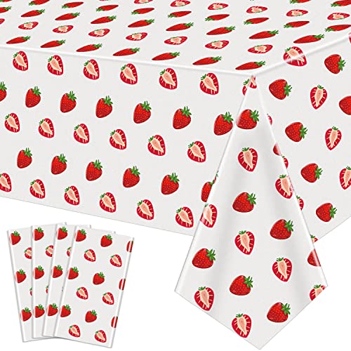 LKITMIUT 4 Pack Strawberry Party Tablecloth Strawberry Table Cloth Sweet One Birthday Table Cover Berry First Birthday Tablecloth Plastic Strawberry Theme Party Decor Summer Fruit Party Supplies 86 x 51 Inch - Image 1