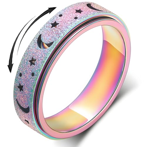 LuckyAmor Anxiety Ring for Women Spinner RingsRotating Rings Stainless Steel 6mm Moon Star Anxiety for Men Band Jewelry Gift for Women Size 6 7 8 9 10 - Image 1