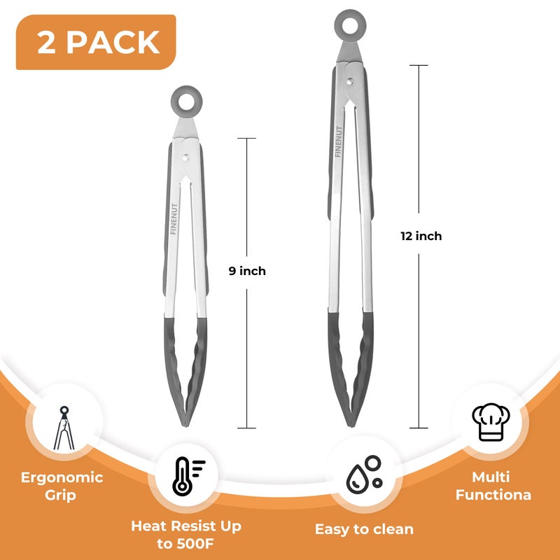 FINENUT Stainless Steel&Silicone Food Tongs Set of 2 (9+12 Inch)-BPA-Free&Non-Toxic Heat Resistant Non-Scratch BBQ&Cooking Tools,Strong Grip Locking for Grilling,Air Fryer,Salad,Dishwasher Safe - Image 4