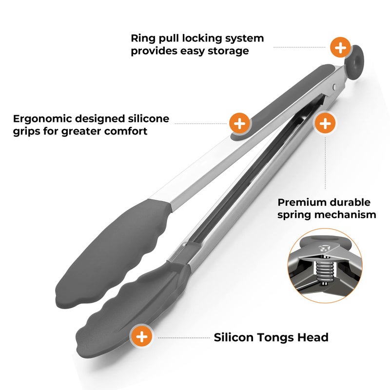 FINENUT Stainless Steel&Silicone Food Tongs Set of 2 (9+12 Inch)-BPA-Free&Non-Toxic Heat Resistant Non-Scratch BBQ&Cooking Tools,Strong Grip Locking for Grilling,Air Fryer,Salad,Dishwasher Safe - Image 5