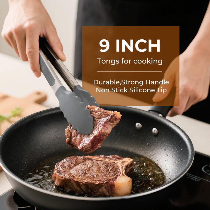 FINENUT Stainless Steel&Silicone Food Tongs Set of 2 (9+12 Inch)-BPA-Free&Non-Toxic Heat Resistant Non-Scratch BBQ&Cooking Tools,Strong Grip Locking for Grilling,Air Fryer,Salad,Dishwasher Safe - Image 2