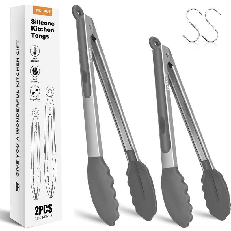 FINENUT Stainless Steel&Silicone Food Tongs Set of 2 (9+12 Inch)-BPA-Free&Non-Toxic Heat Resistant Non-Scratch BBQ&Cooking Tools,Strong Grip Locking for Grilling,Air Fryer,Salad,Dishwasher Safe - Image 1