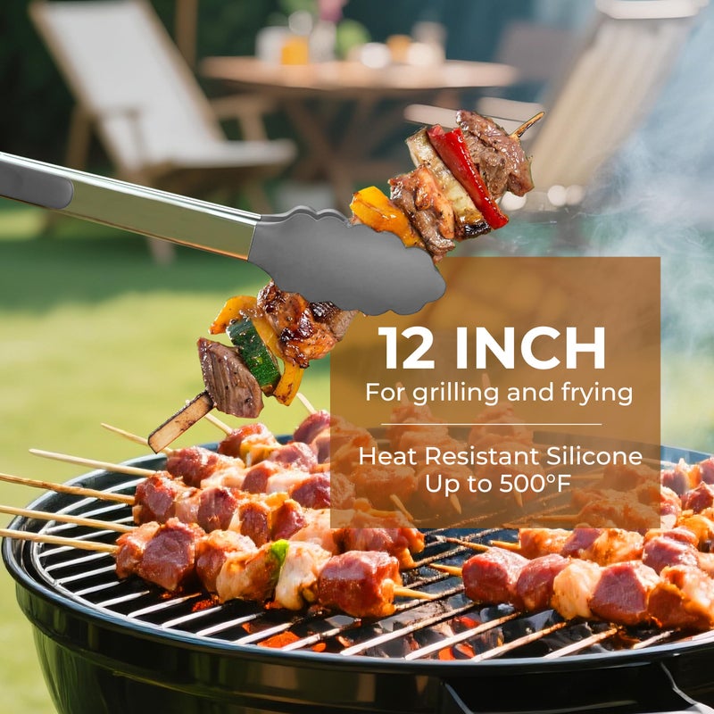 FINENUT Stainless Steel&Silicone Food Tongs Set of 2 (9+12 Inch)-BPA-Free&Non-Toxic Heat Resistant Non-Scratch BBQ&Cooking Tools,Strong Grip Locking for Grilling,Air Fryer,Salad,Dishwasher Safe - Image 3