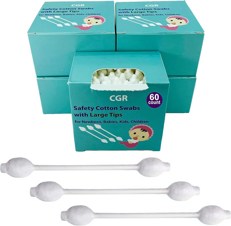 CGR 300pcs Baby Safety Cotton Swabs with Large Tips for Newborn, Babies, Kids, Children, 100% Organic Cotton, White Paper Sticks, 5 Pack of 60 Swabs Total(5 Paper Boxes) - Image 1