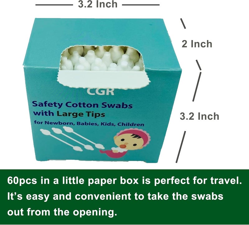 CGR 300pcs Baby Safety Cotton Swabs with Large Tips for Newborn, Babies, Kids, Children, 100% Organic Cotton, White Paper Sticks, 5 Pack of 60 Swabs Total(5 Paper Boxes) - Image 4