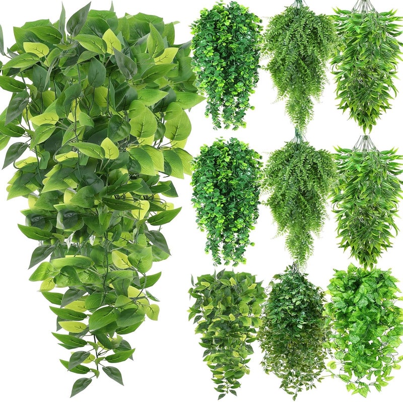 Hoteam 12 Pcs Artificial Hanging Plants 32 Inch Fake Ivy Vines with Fake Leaves Patio Artificial Plants Greenery for Living Room Indoor Outdoor Wall, No Basket (6 Style Mixed) - Image 1