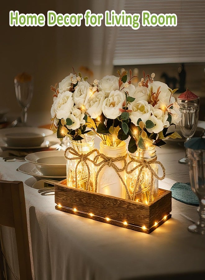 HOMECOR Mason Jar Centerpiece Table Decor for Dining Room - Table Decorations with Farmhouse Wood Tray and Remote Control LED Fairy Lights for Coffee Table Home Decor Living Room Wedding - Image 2