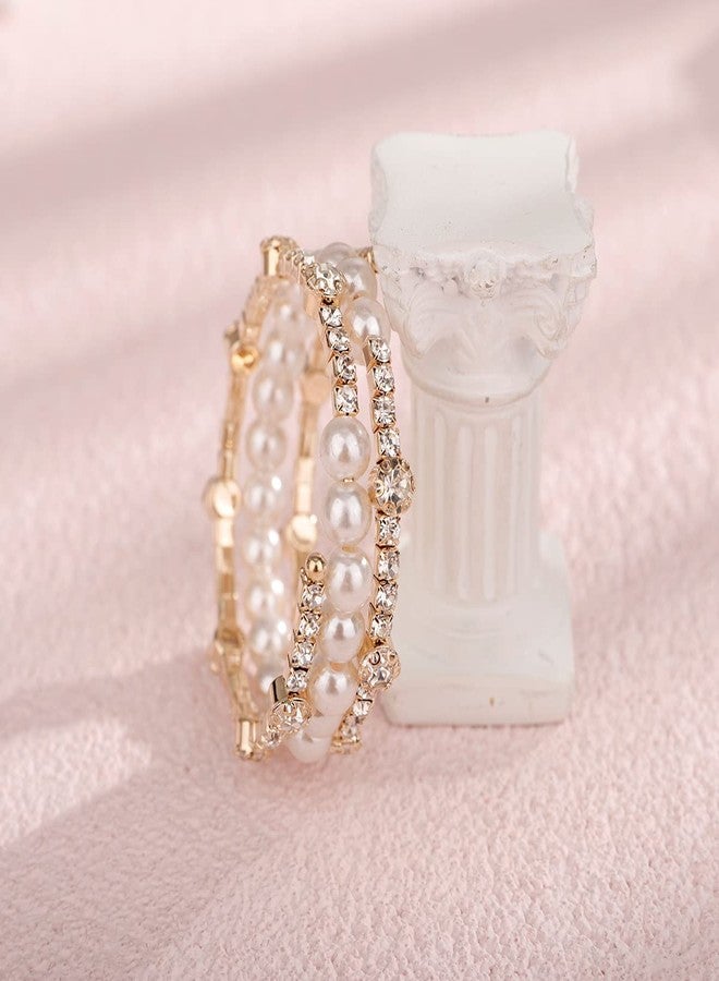 Xerling Dainty Crystal Multi Row Bracelets Faux Pearl Bracelets for Women Rhinestones Hand Chain Jewelry Wrist Bangle Bracelets Elastic Golden Bracelets - Image 5