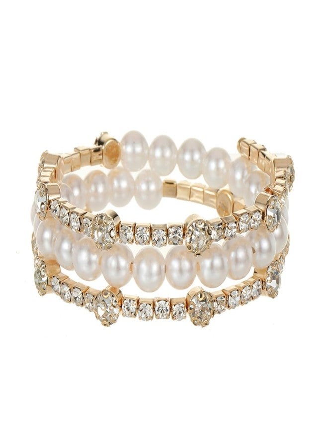 Xerling Dainty Crystal Multi Row Bracelets Faux Pearl Bracelets for Women Rhinestones Hand Chain Jewelry Wrist Bangle Bracelets Elastic Golden Bracelets - Image 1