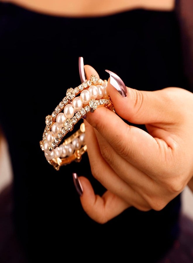 Xerling Dainty Crystal Multi Row Bracelets Faux Pearl Bracelets for Women Rhinestones Hand Chain Jewelry Wrist Bangle Bracelets Elastic Golden Bracelets - Image 2