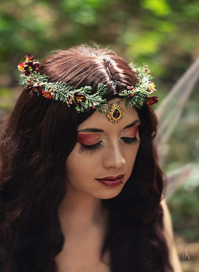 MOSTORY Handmade Elf Flower Crown - Woodland Fairy Headpiece Forest Floral Circlet Elven Wreath for Women Girls Cosplay Halloween Renaissance Christmas Party Photo Shoot - Image 3