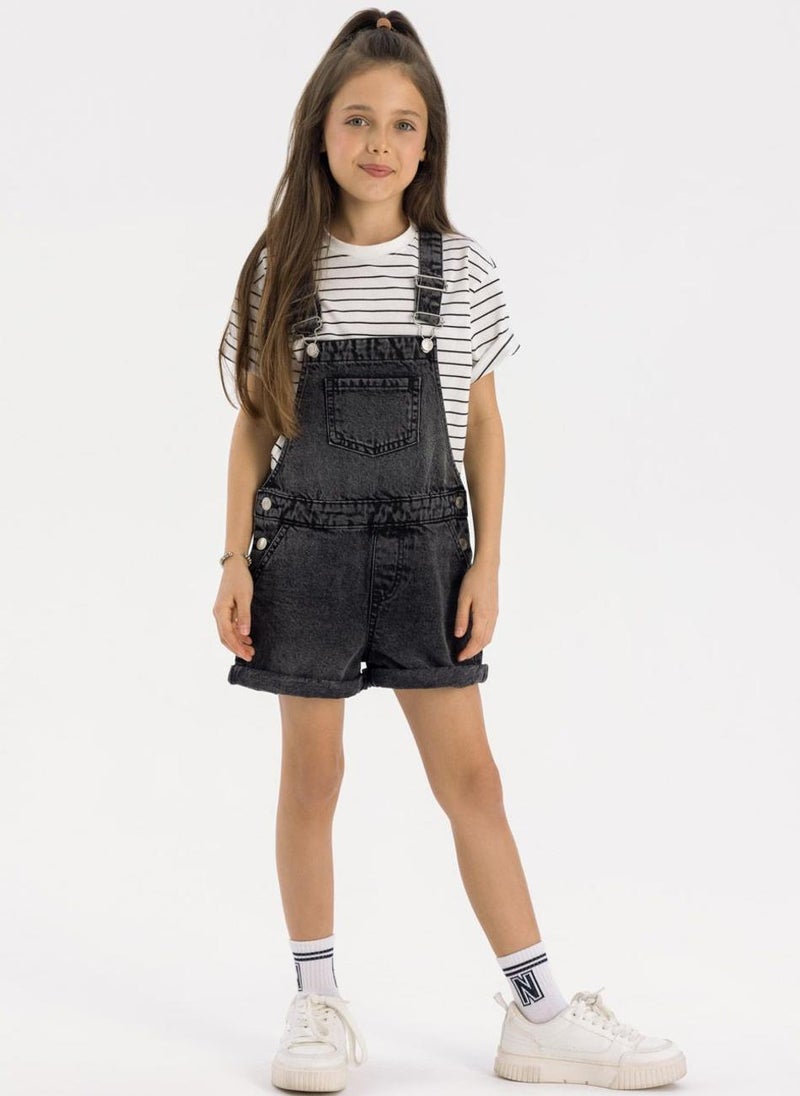 MINOTI Kids Girls Denim Dungaree Shorts with Pocket and Print - Image 1