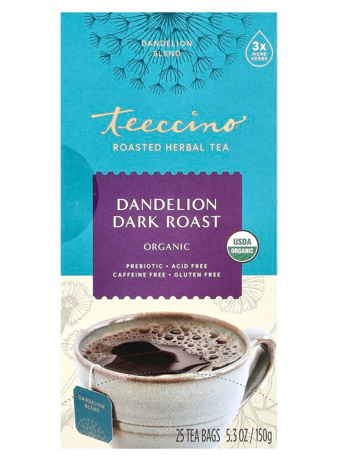 teeccino Organic Roasted Herbal Tea Dandelion Dark Roast Caffeine Free 25 Tea Bags 5.3 oz (150 g)