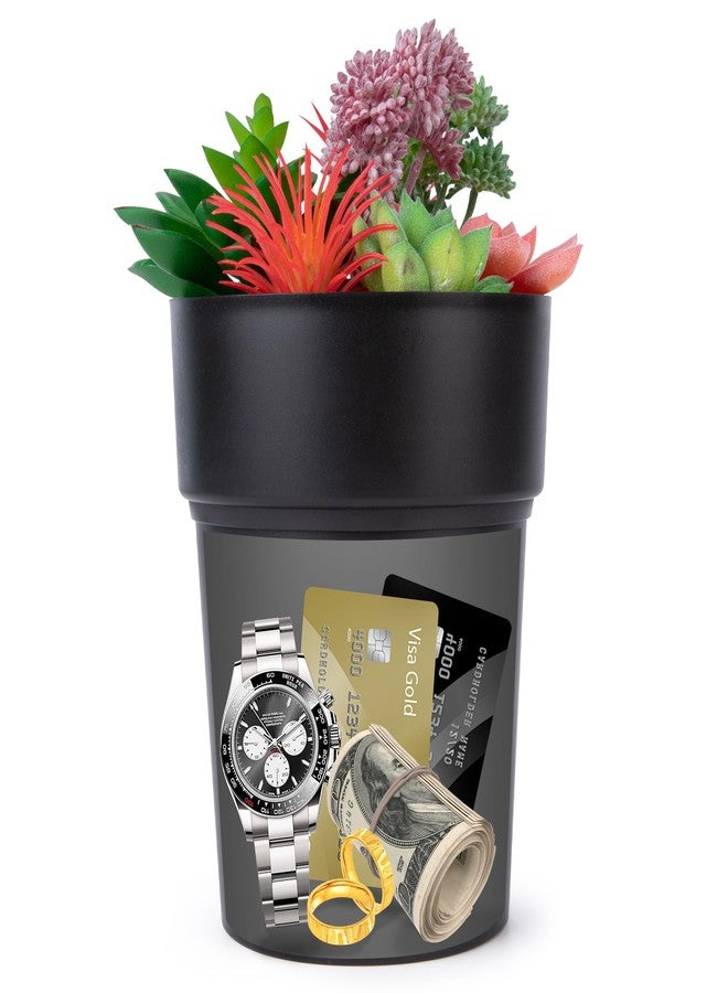 BarGifts Black Flower Pot Diversion Safe, Secret Storage Hidden Safe Box Keep Your Valuables Safe Like Money, Keys, and Jewelry- Includes Plants - Image 1